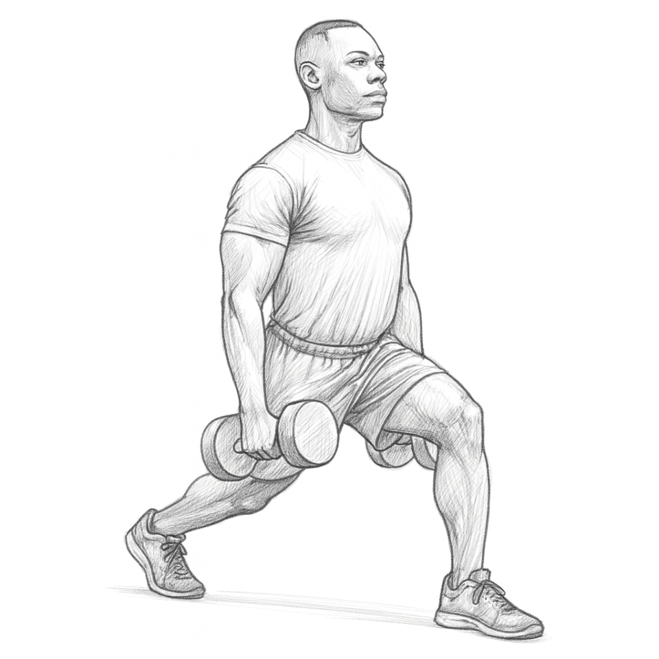 A man performing a split squat while holding a dumbbell in each hand at his sides, with one leg stepped forward and the other extended back, maintaining an upright posture.