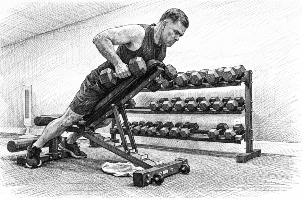 Pencil style drawing of a man performing a chest supported row exercise with dumbbells